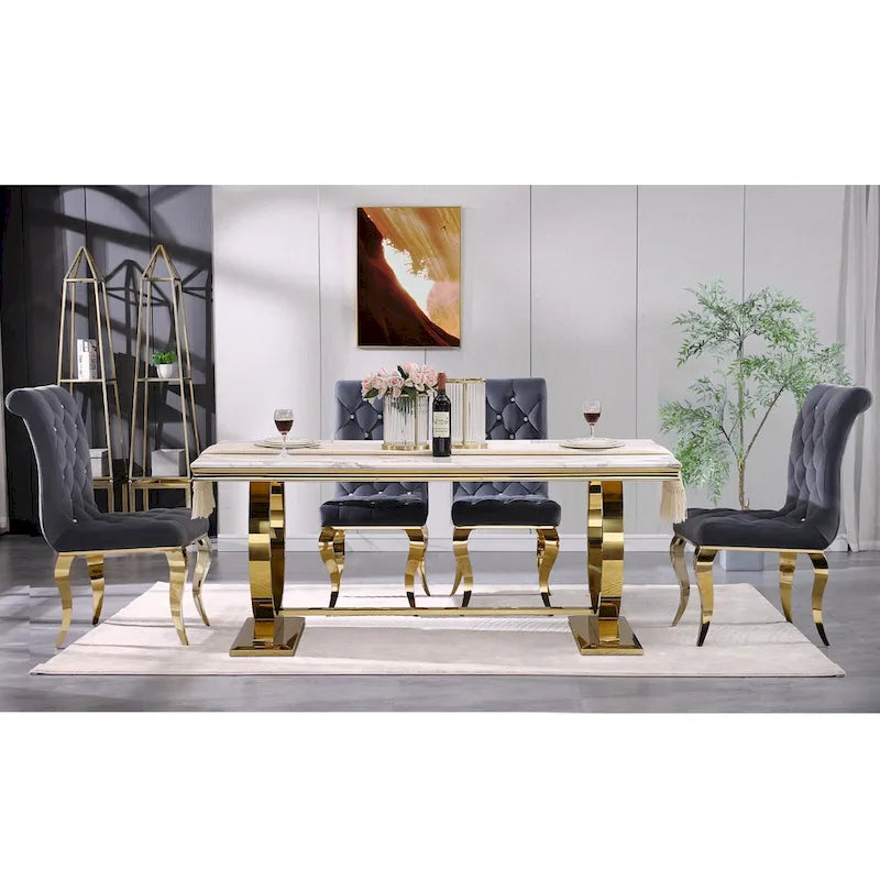 Chaises de salle à manger en velours gris avec pieds en or poli