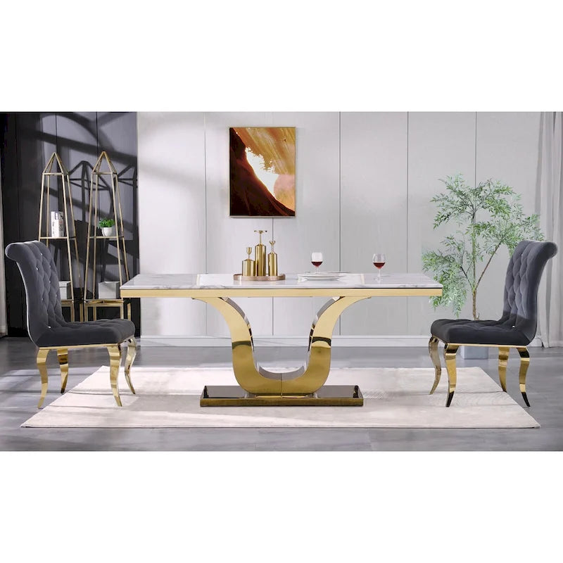 Chaises de salle à manger en velours gris avec pieds en or poli