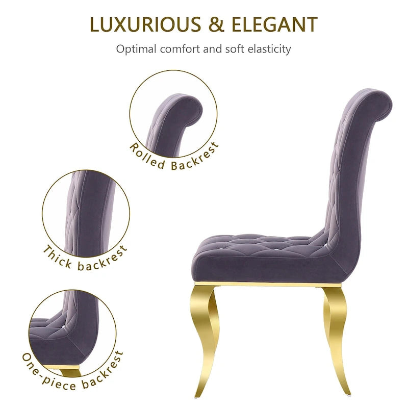 Chaises de salle à manger en velours gris avec pieds en or poli