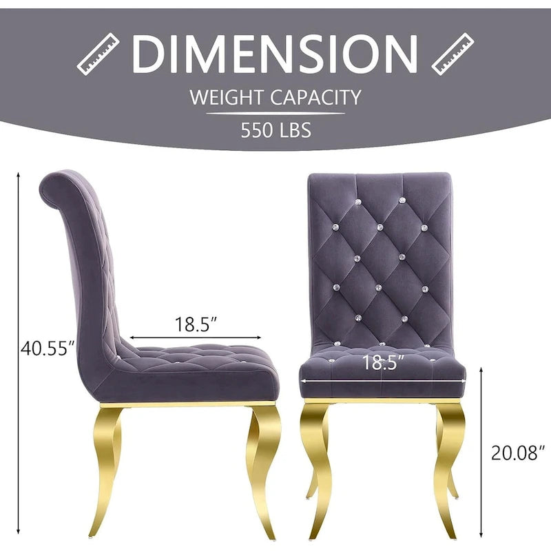 Chaises de salle à manger en velours gris avec pieds en or poli