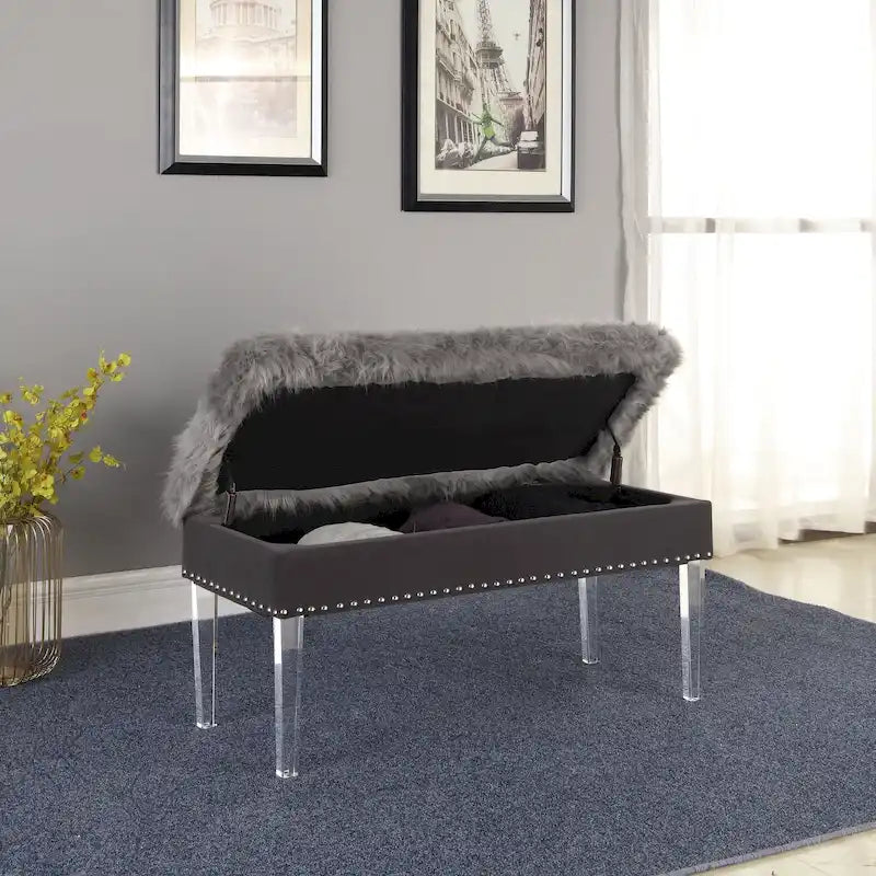 Banc de rangement en similicuir à têtes de clou de 20 pouces avec pieds en acrylique