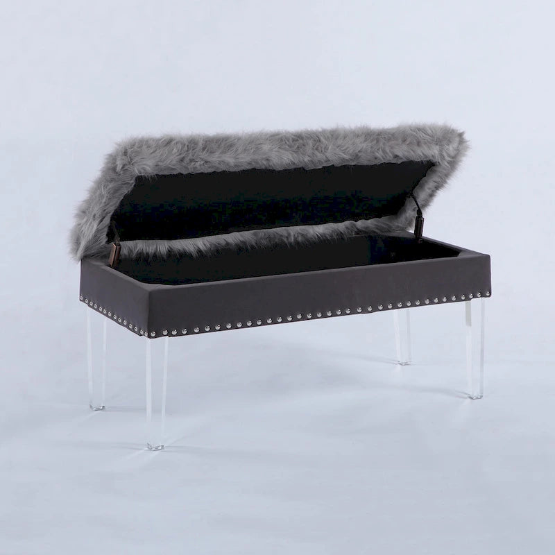 Banc de rangement en similicuir à têtes de clou de 20 pouces avec pieds en acrylique