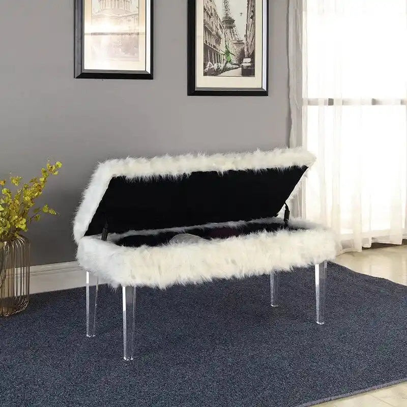 Banc de rangement en similicuir à têtes de clou de 20 pouces avec pieds en acrylique
