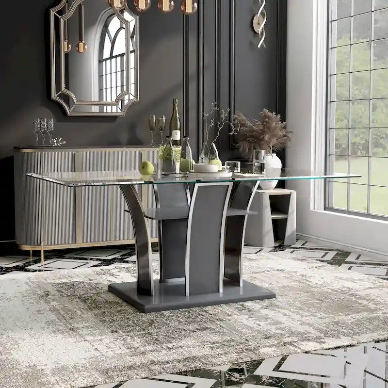 Table de salle à manger moderne en bois avec plateau en verre de 72 pouces
