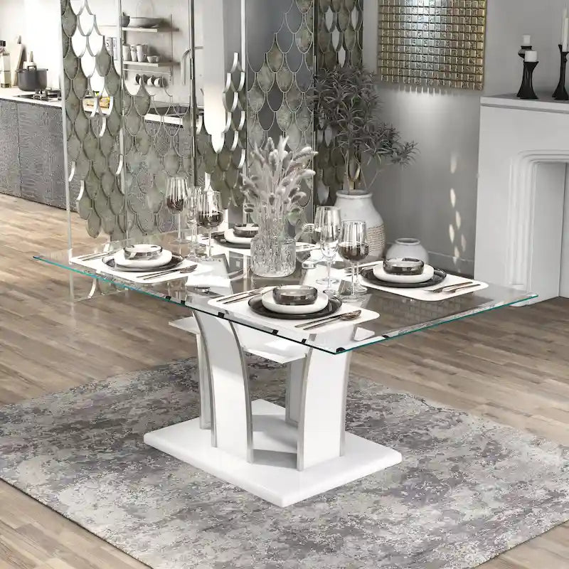 Table de salle à manger moderne en bois avec plateau en verre de 72 pouces