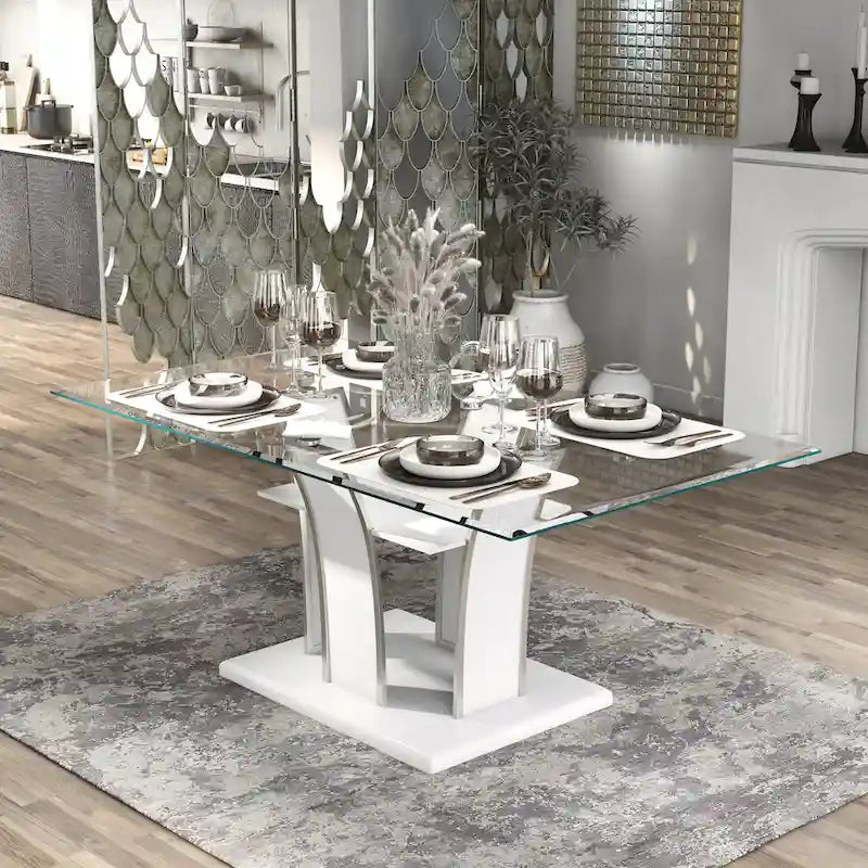 Table de salle à manger moderne en bois avec plateau en verre de 72 pouces