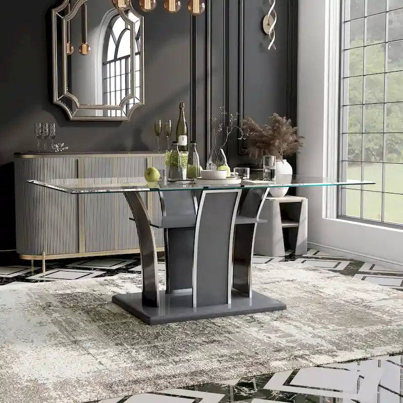 Table de salle à manger moderne en bois avec plateau en verre de 72 pouces