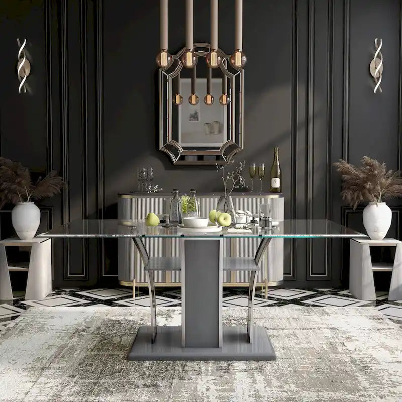 Table de salle à manger moderne en bois avec plateau en verre de 72 pouces