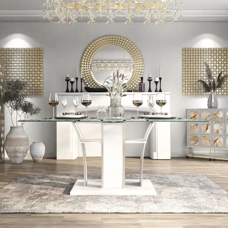 Table de salle à manger moderne en bois avec plateau en verre de 72 pouces