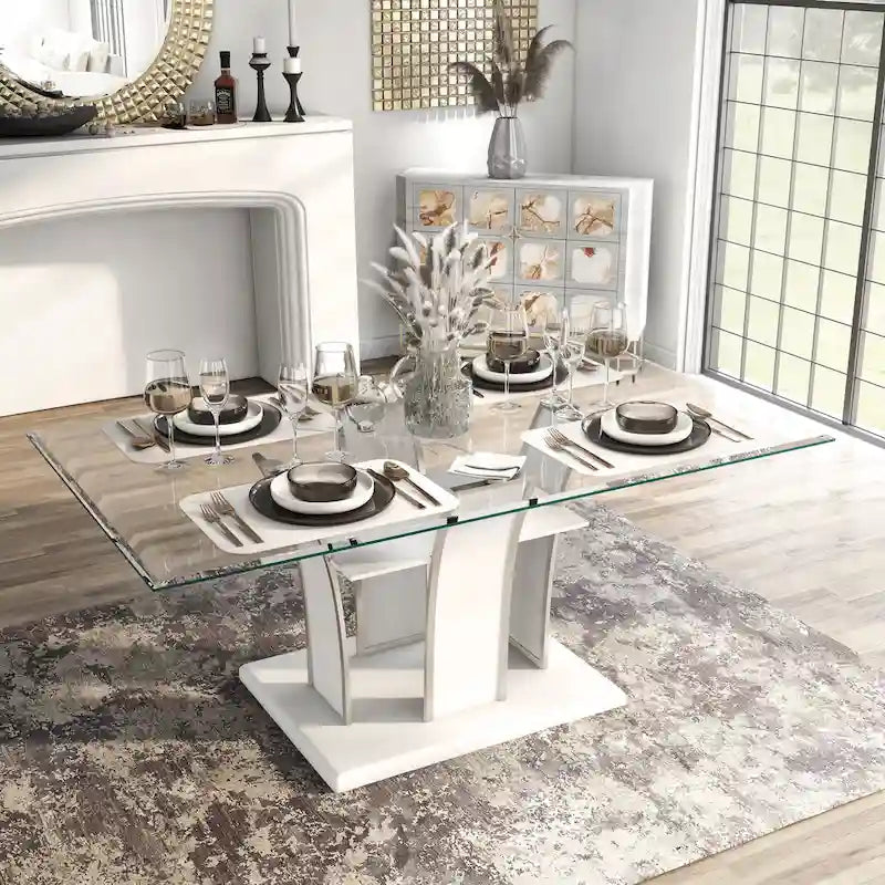 Table de salle à manger moderne en bois avec plateau en verre de 72 pouces