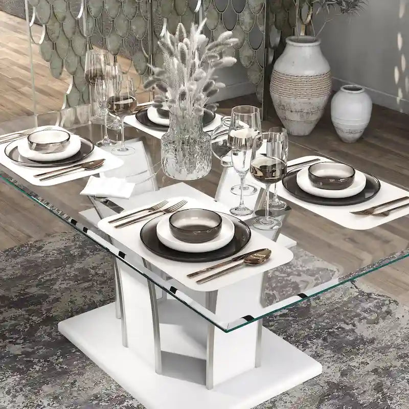 Table de salle à manger moderne en bois avec plateau en verre de 72 pouces