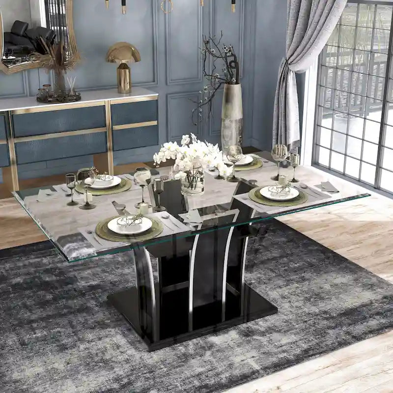 Table de salle à manger moderne en bois avec plateau en verre de 72 pouces