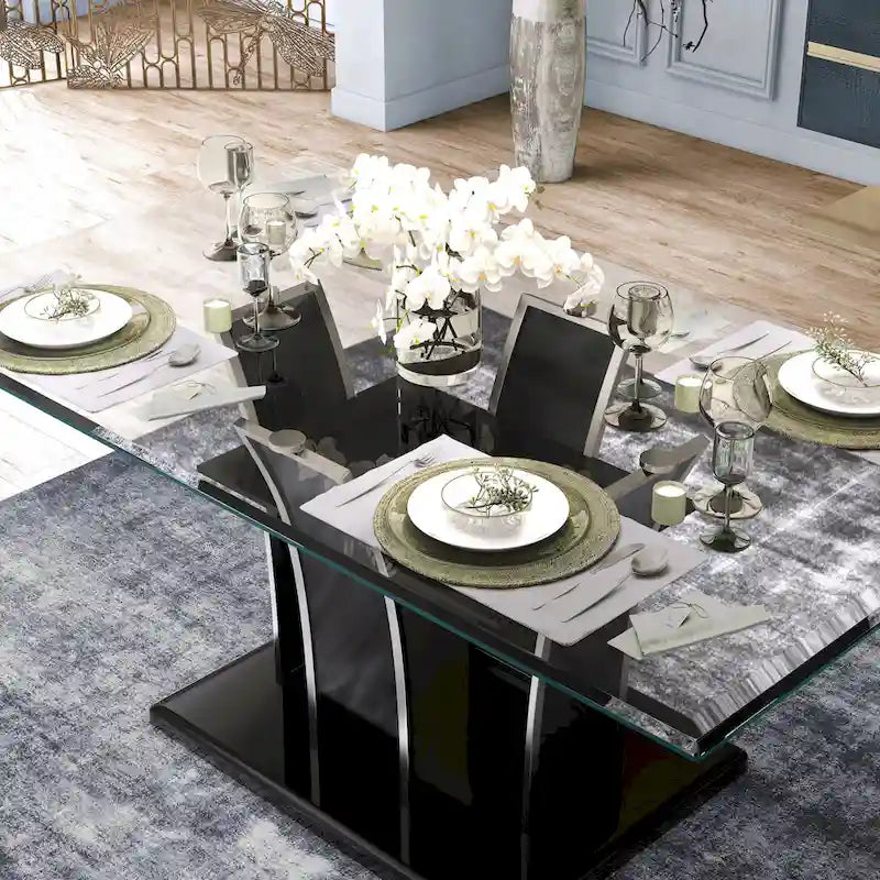 Table de salle à manger moderne en bois avec plateau en verre de 72 pouces