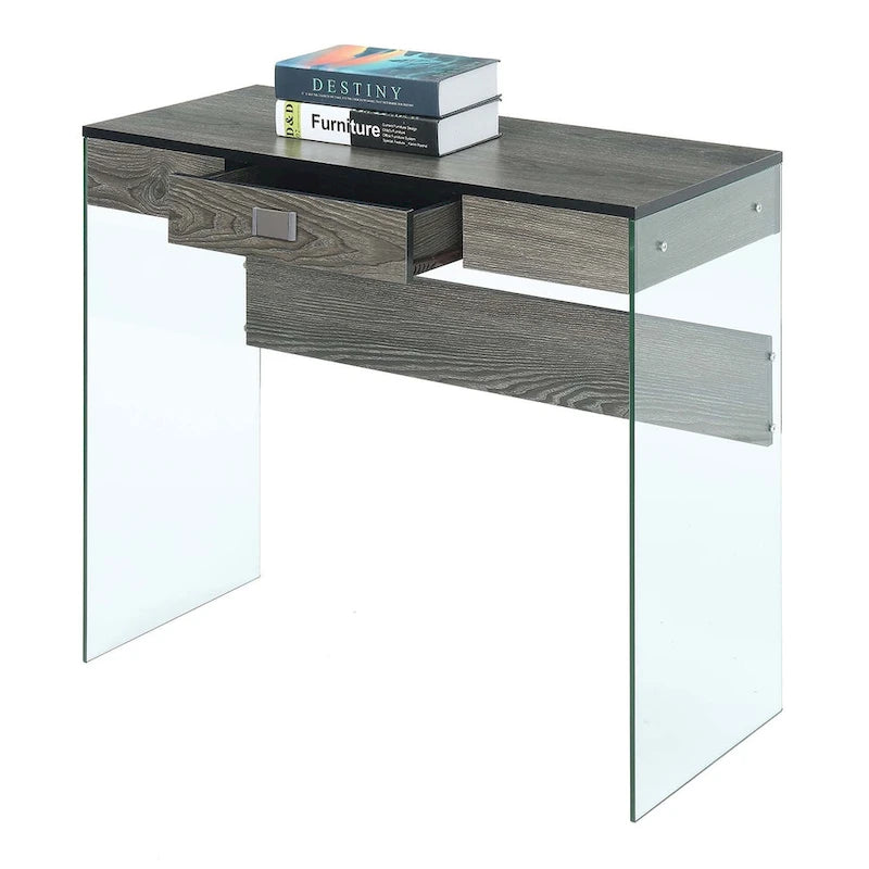 Bureau moderne en verre de 36 po avec 1 tiroir et panneaux latéraux en verre trempé