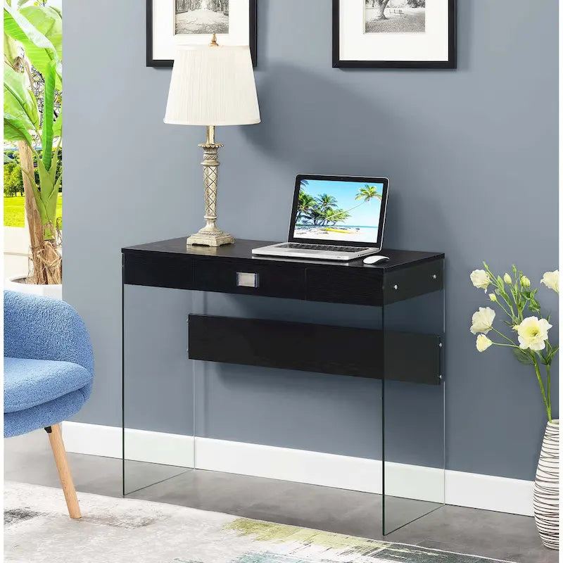 Bureau moderne en verre de 36 po avec 1 tiroir et panneaux latéraux en verre trempé