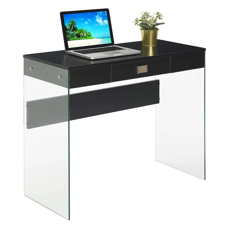 Bureau moderne en verre de 36 po avec 1 tiroir et panneaux latéraux en verre trempé