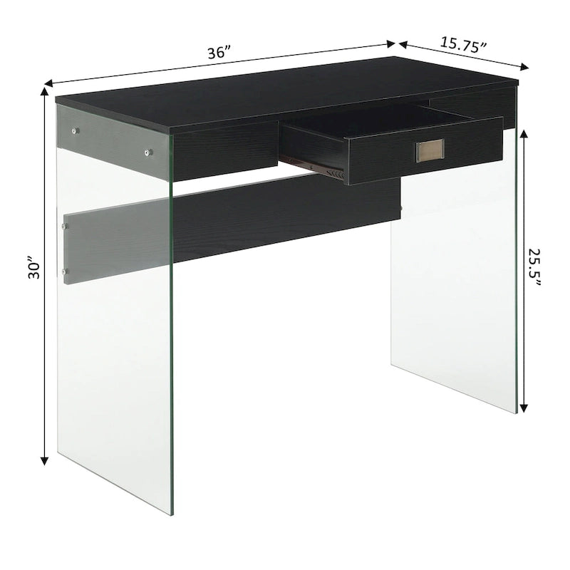 Bureau moderne en verre de 36 po avec 1 tiroir et panneaux latéraux en verre trempé