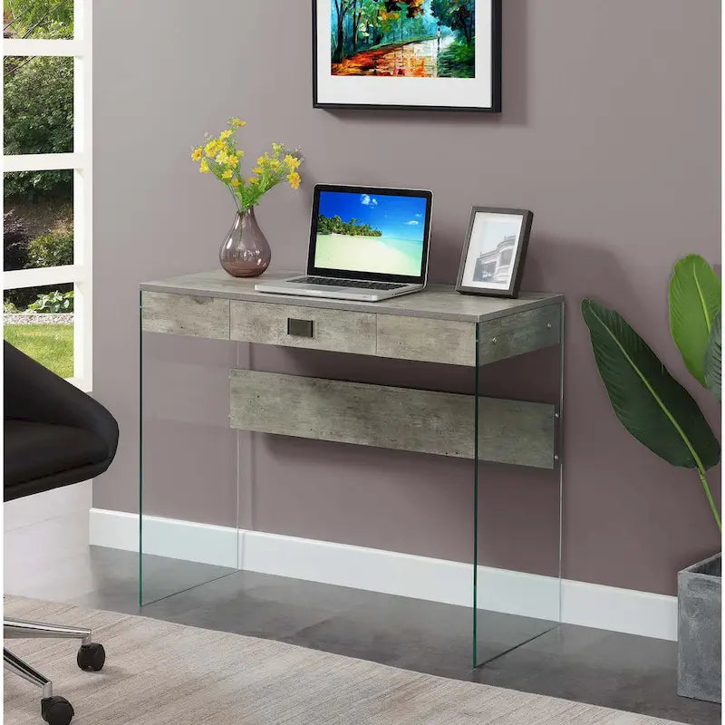 Bureau moderne en verre de 36 po avec 1 tiroir et panneaux latéraux en verre trempé
