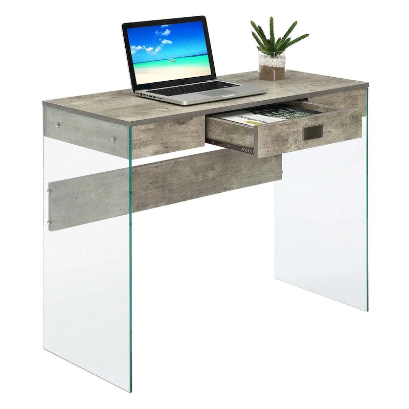 Bureau moderne en verre de 36 po avec 1 tiroir et panneaux latéraux en verre trempé