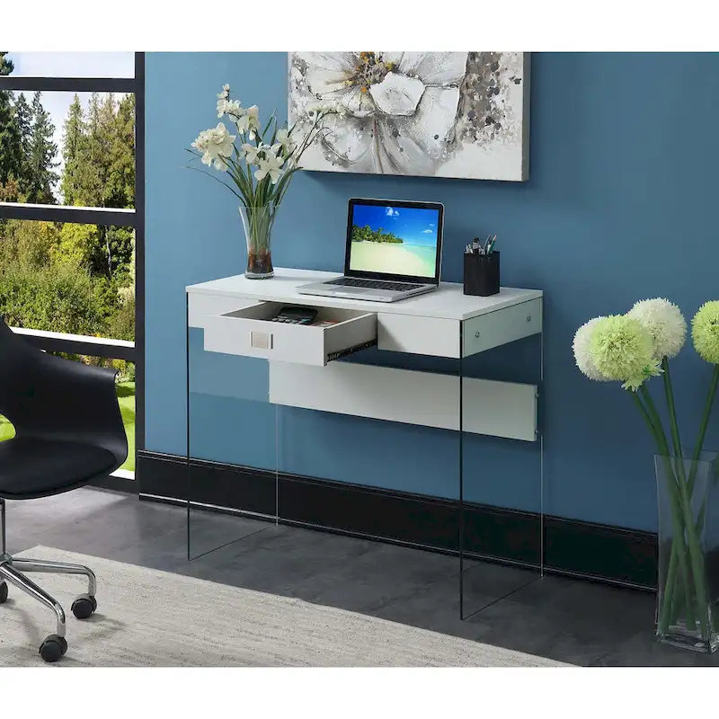 Bureau moderne en verre de 36 po avec 1 tiroir et panneaux latéraux en verre trempé