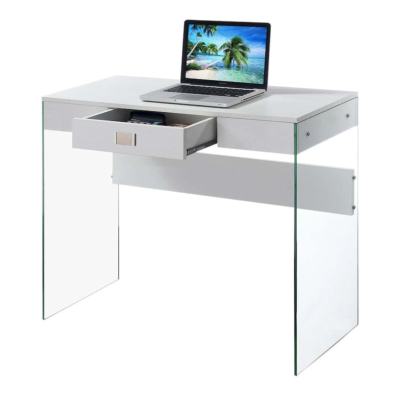 Bureau moderne en verre de 36 po avec 1 tiroir et panneaux latéraux en verre trempé