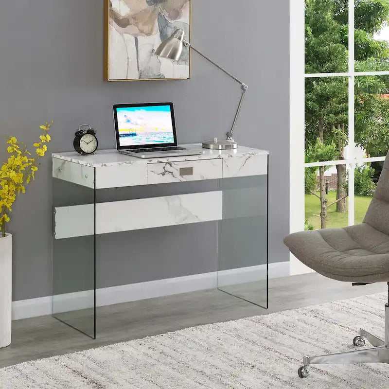 Bureau moderne en verre de 36 po avec 1 tiroir et panneaux latéraux en verre trempé