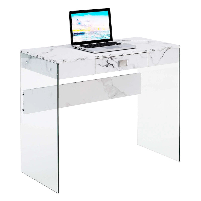 Bureau moderne en verre de 36 po avec 1 tiroir et panneaux latéraux en verre trempé