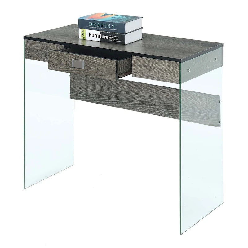 Bureau moderne en verre de 36 po avec 1 tiroir et panneaux latéraux en verre trempé