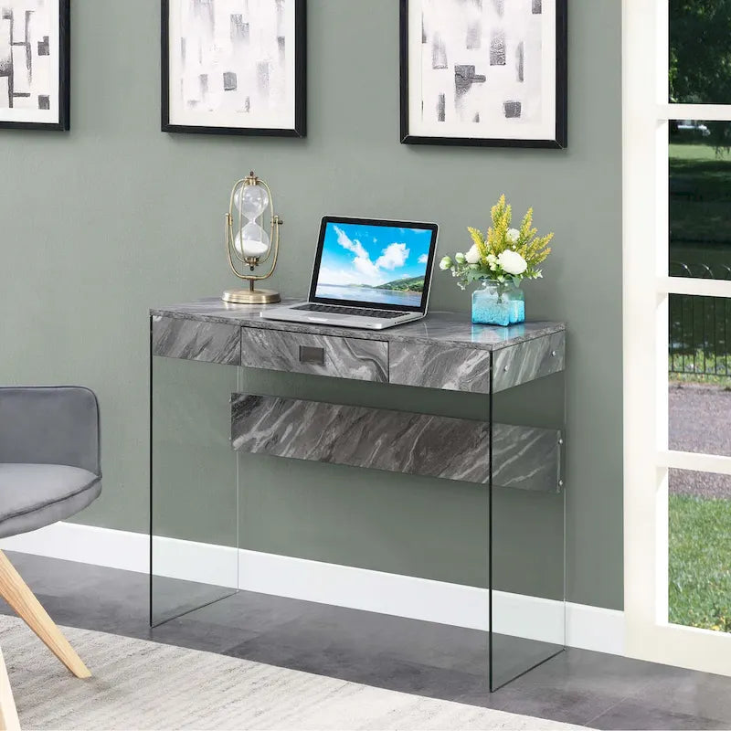 Bureau moderne en verre de 36 po avec 1 tiroir et panneaux latéraux en verre trempé