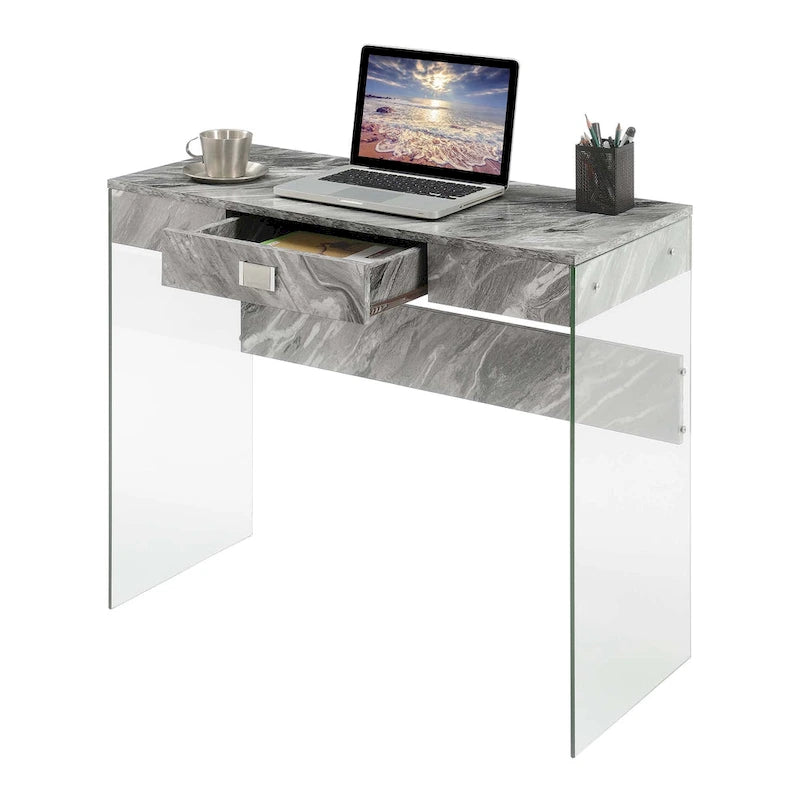 Bureau moderne en verre de 36 po avec 1 tiroir et panneaux latéraux en verre trempé