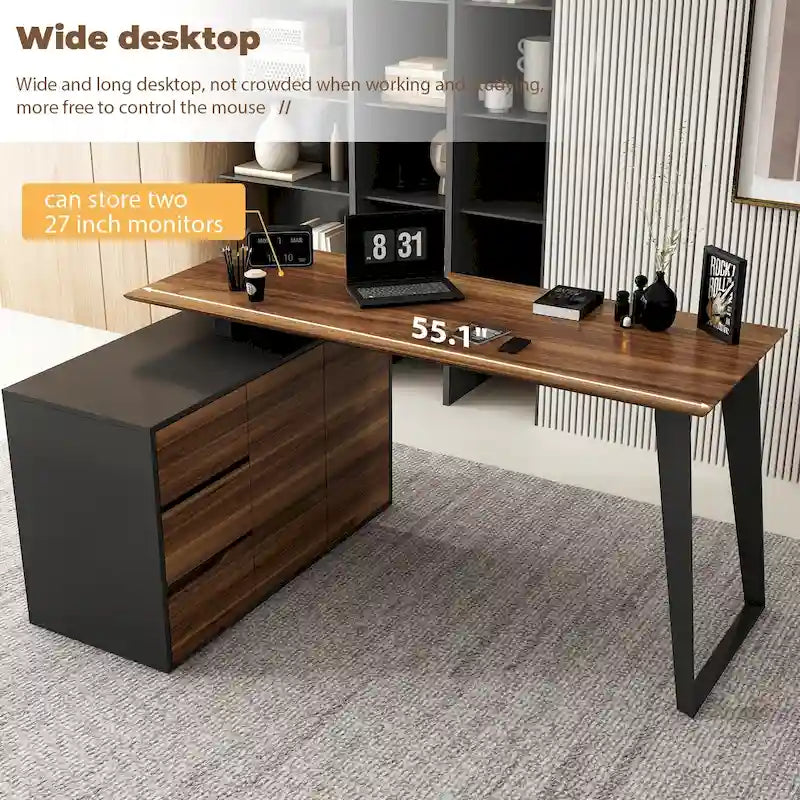 Bureau d'angle en L de 137,9 cm avec meuble de rangement réversible