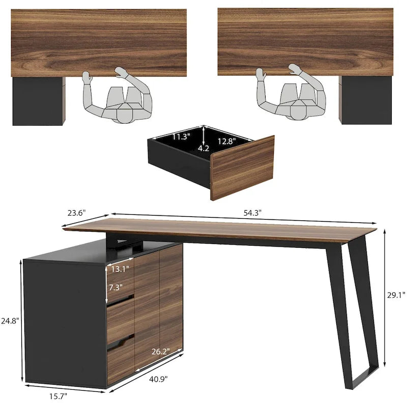 Bureau d'angle en L de 137,9 cm avec meuble de rangement réversible