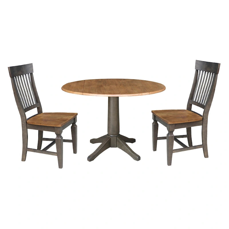 Table à manger ronde de 42 po à rallonges avec 2 chaises à dossier ajouré, Noyer/Gris délavé