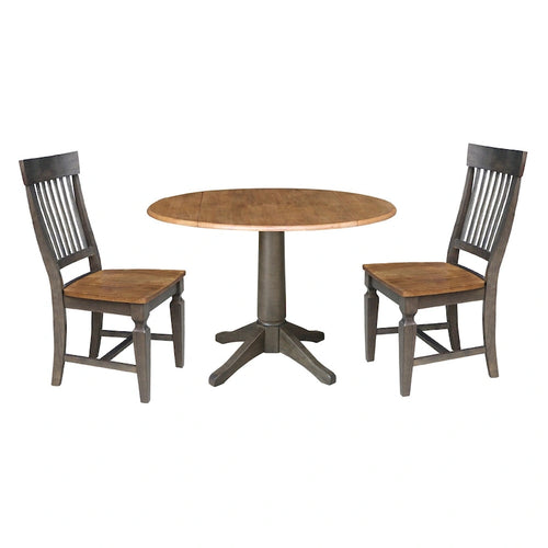 Table à manger ronde de 42 po à rallonges avec 2 chaises à dossier ajouré, Noyer/Gris délavé