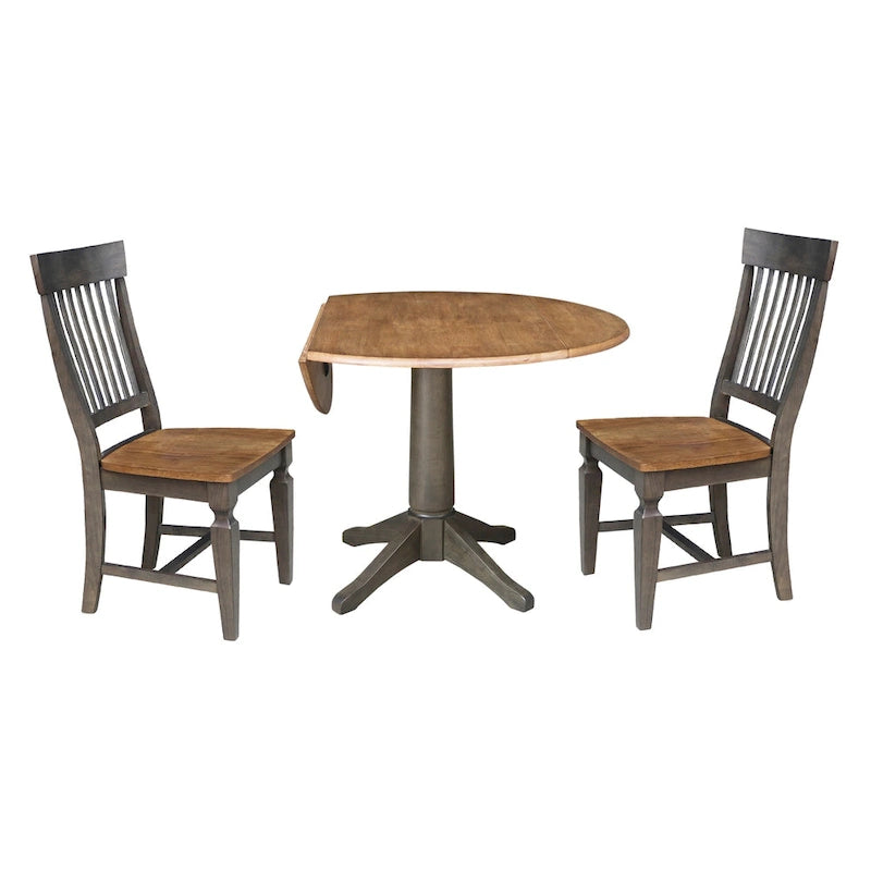 Table à manger ronde de 42 po à rallonges avec 2 chaises à dossier ajouré, Noyer/Gris délavé