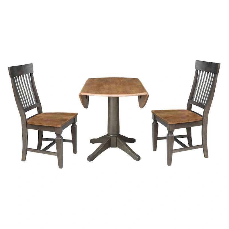 Table à manger ronde de 42 po à rallonges avec 2 chaises à dossier ajouré, Noyer/Gris délavé