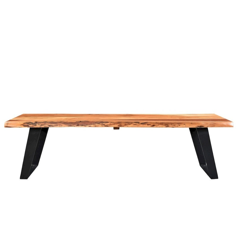 Banc en acacia massif à bords naturels, fait main, avec pieds en acier