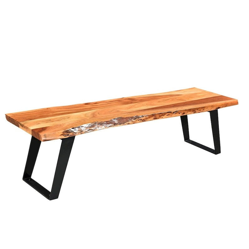 Banc en acacia massif à bords naturels, fait main, avec pieds en acier