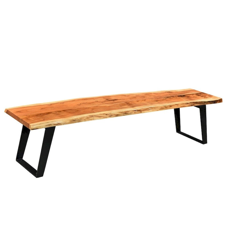 Banc en acacia massif à bords naturels, fait main, avec pieds en acier