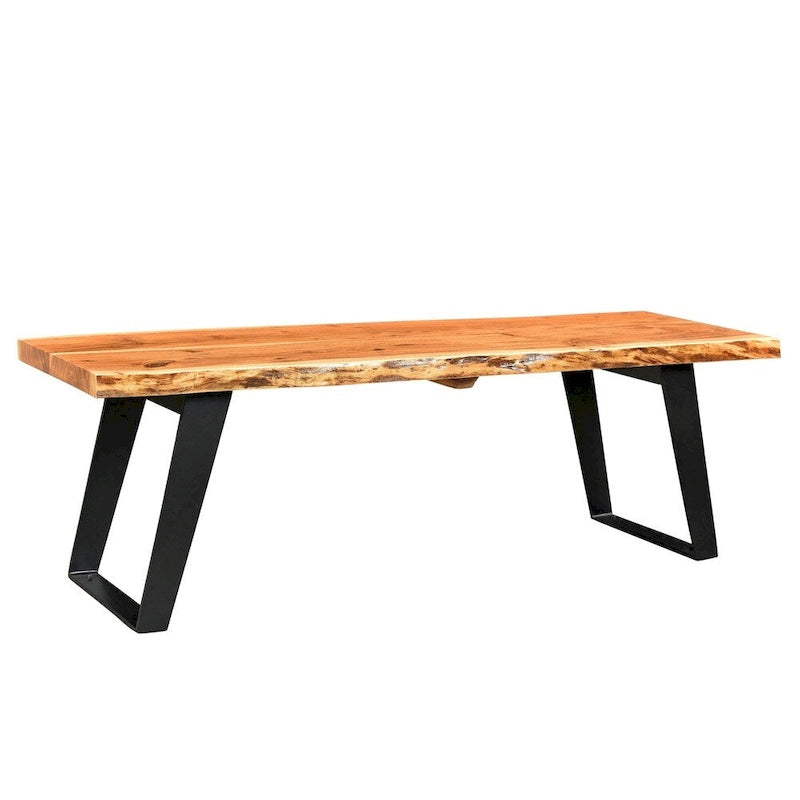 Banc en acacia massif à bords naturels, fait main, avec pieds en acier