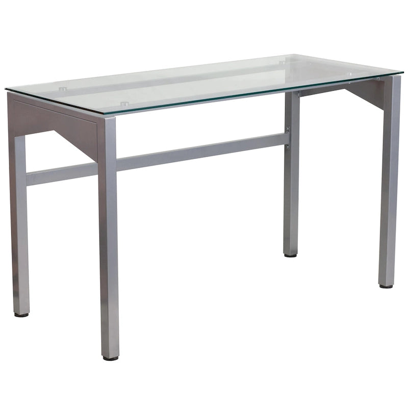 Bureau contemporain en verre trempé transparent avec pieds géométriques et cadre argenté