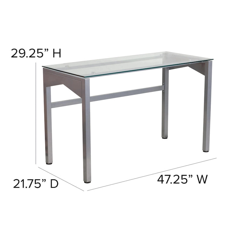 Bureau contemporain en verre trempé transparent avec pieds géométriques et cadre argenté