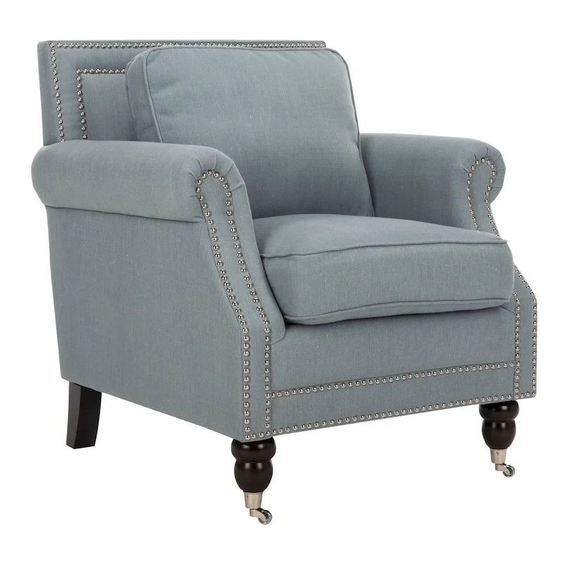 Fauteuil club classique à accoudoirs arrondis avec revêtement en lin et détails cloutés