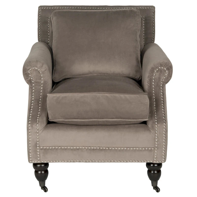 Fauteuil club classique à accoudoirs arrondis avec revêtement en lin et détails cloutés
