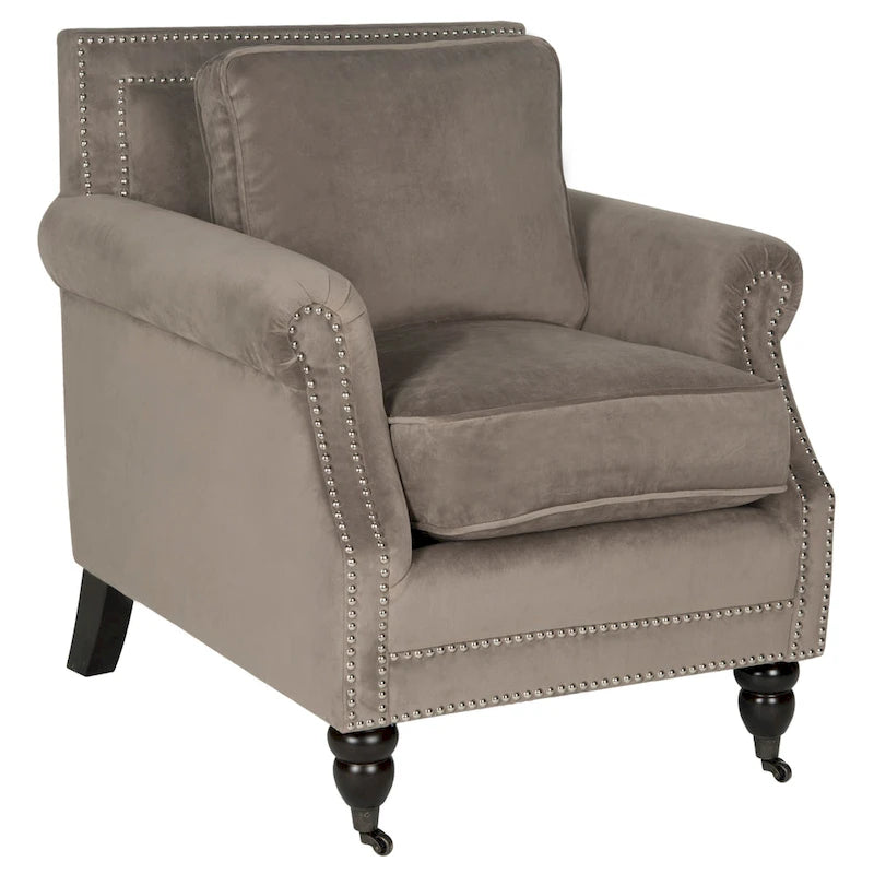 Fauteuil club classique à accoudoirs arrondis avec revêtement en lin et détails cloutés