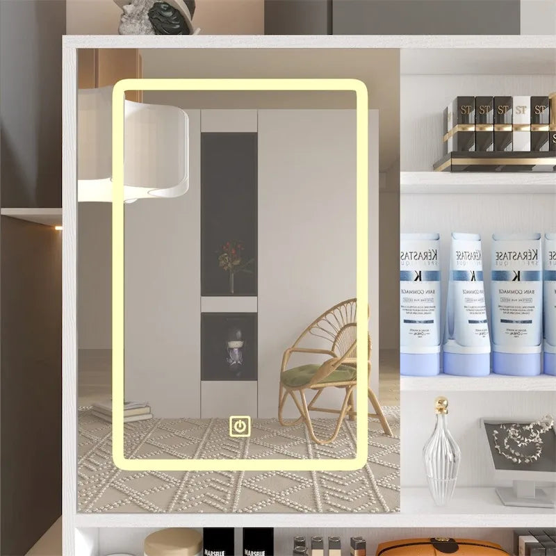 Coiffeuse avec Lumières 3 Couleurs et Miroir Ouvrant, 4 Tiroirs