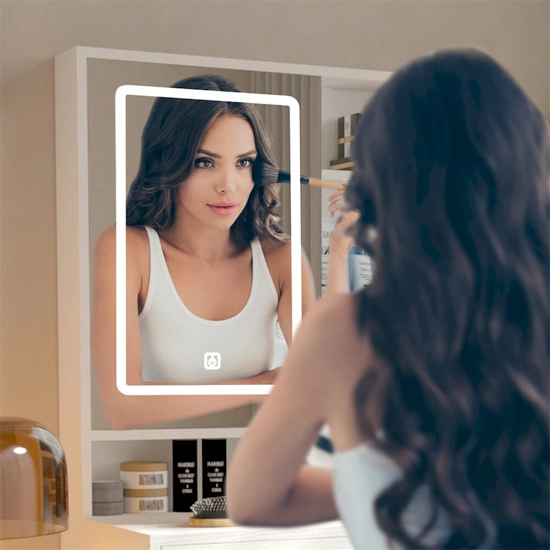 Coiffeuse avec Lumières 3 Couleurs et Miroir Ouvrant, 4 Tiroirs
