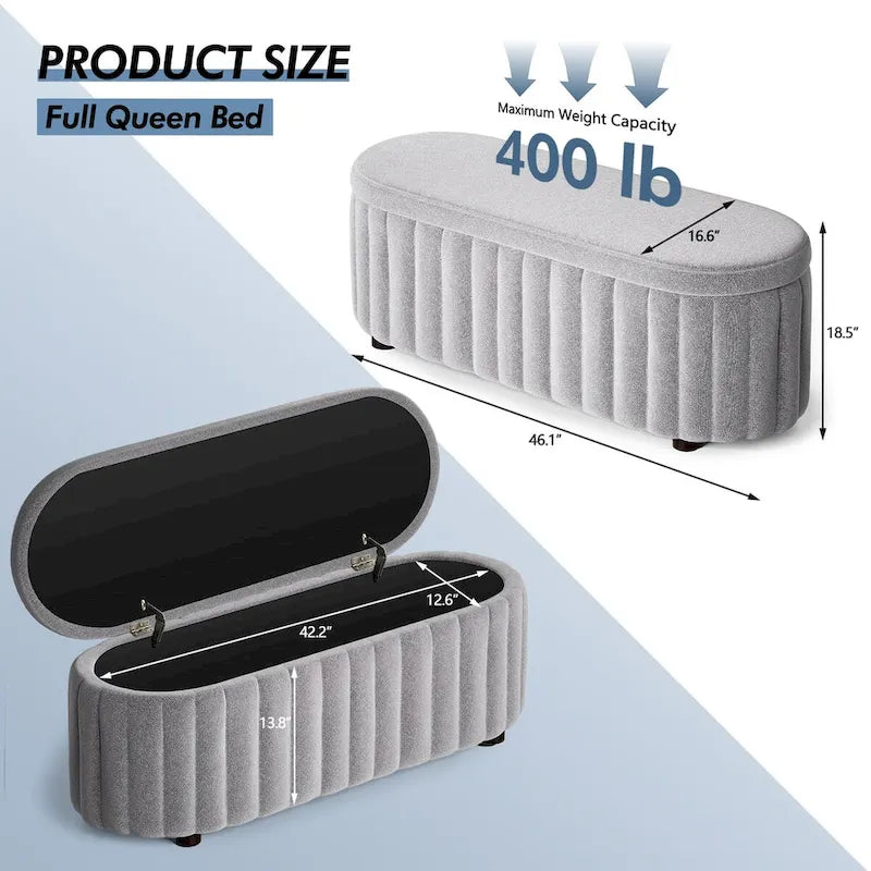 46.1 Banc de rangement rembourré avec charnière de sécurité pour chambre à coucher, salon, entrée