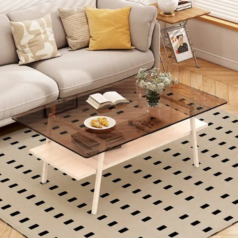 Table basse rectangulaire avec plateau en verre trempé et pieds en métal