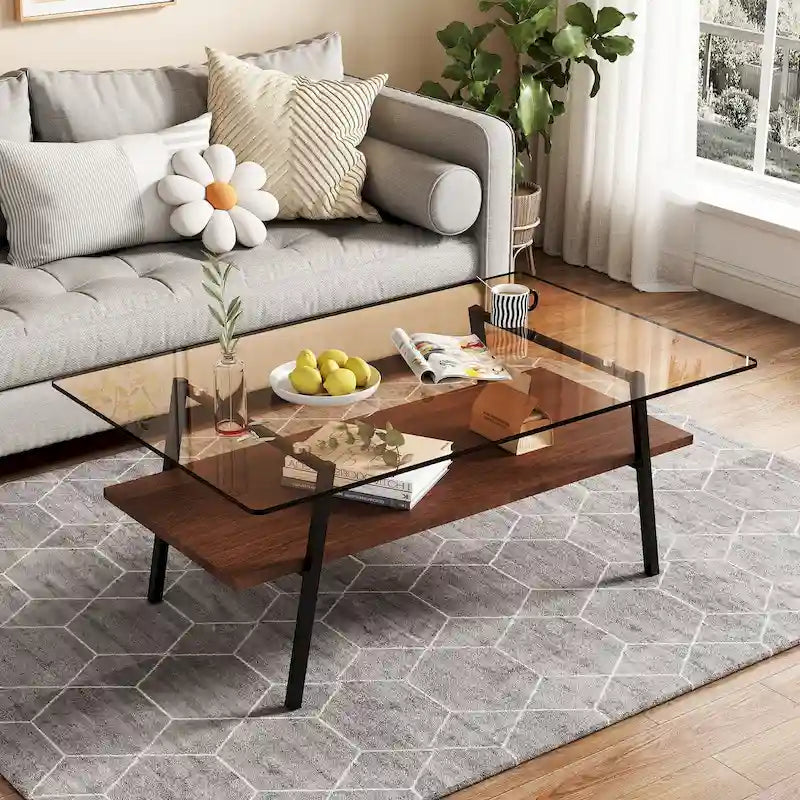 Table basse rectangulaire avec plateau en verre trempé et pieds en métal